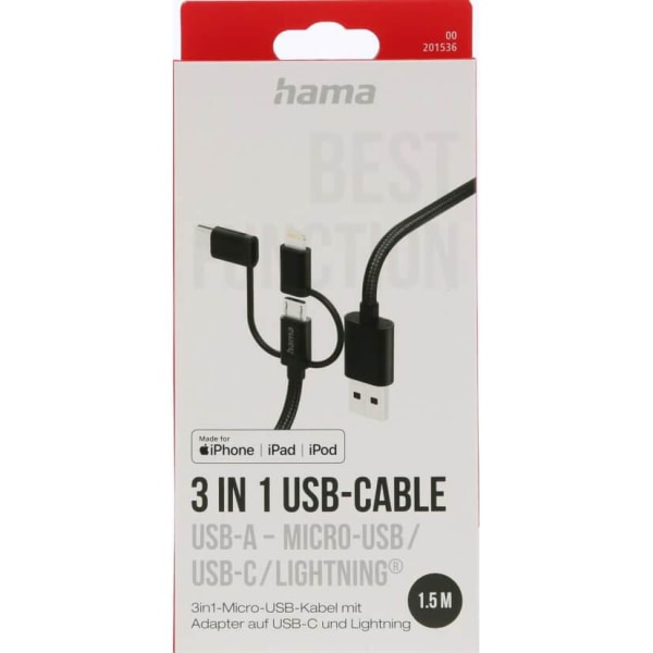 HAMA 3in1 USB-A til USB-C/Micro-USB/Lightning 1,5m - Sort