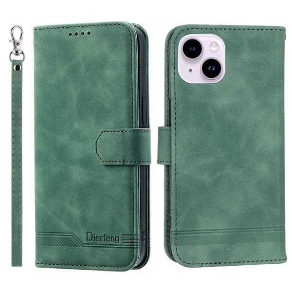 DIERFENG DF-03 Plånboksfodral i Konstläder för iPhone 15 Plus - Grön
