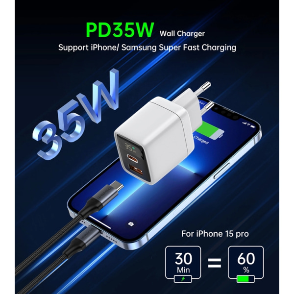 Choetech USB-C USB-A vægadapter PD 35W GaN - Hvid