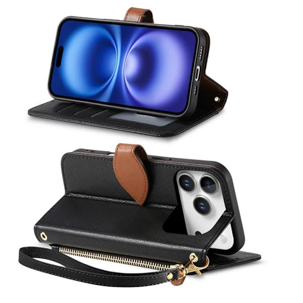 iPhone 17 Pro Plånboksfodral Leaf Magnetiskt Spänne Konstläder Svart
