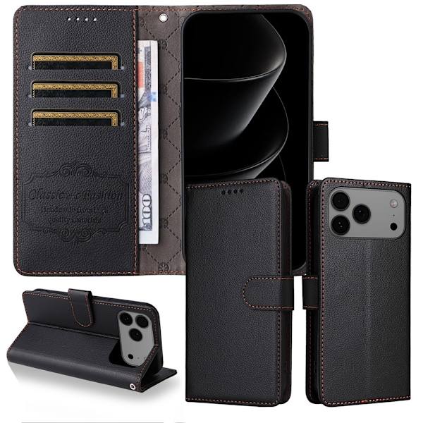 iPhone 17 Pro Max Plånboksfodral RFID Blocking med Handledsrem Svart