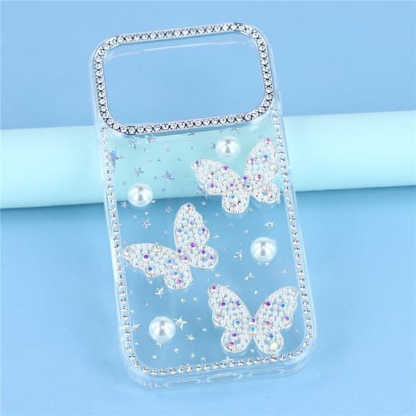 Mobilskal till iPhone 17 Pro Rhinestone Edge Pearl Butterfly Transparent
