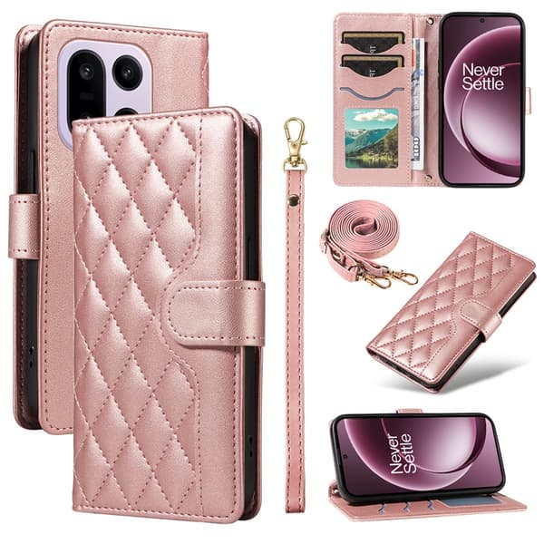 OnePlus 15 5G Plånboksfodral Rhombus Konstläder Roséguld