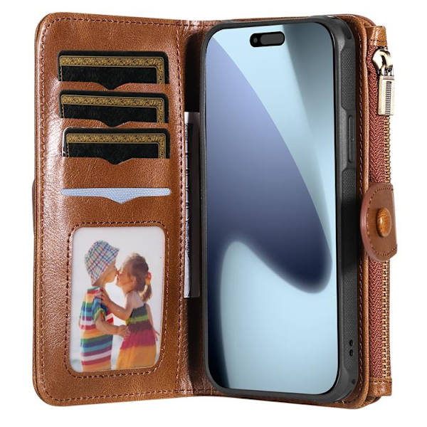 iPhone 17 Pro Konstläder Plånboksfodral Detachable Zipper - Brun Brun