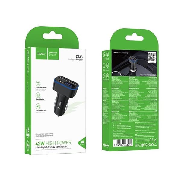 Hoco Biloplader 42W 1xUSB-C 2xUSB-A QC3.0 Z63A - Sort Svart