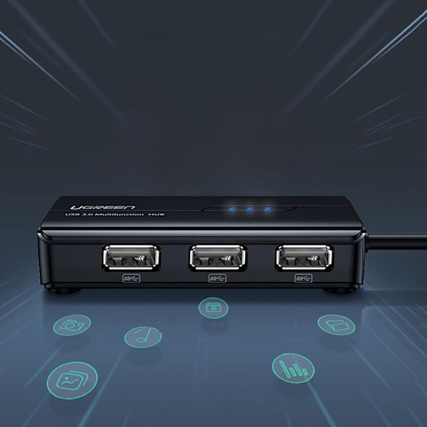 Ugreen Hub 3x USB-A Nätverksadapter RJ45/USB-A 10/100Mbps - Svart