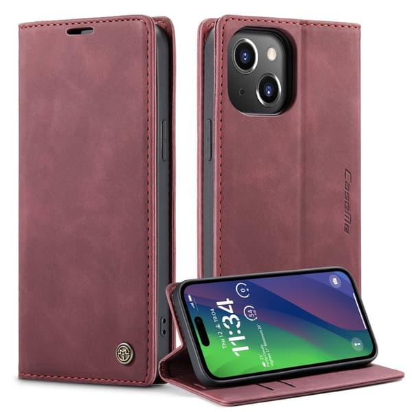 CASEME 013 Series iPhone 15 Konstläderplånboksfodral Röd