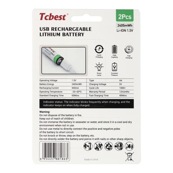 [2-Pack] TCBEST Uppladdningsbart Batteri R6 (AA) 650 mAh Typ-C