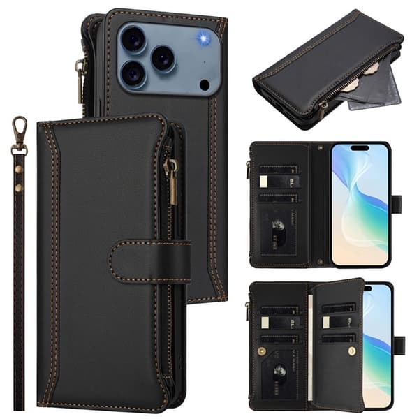 iPhone 17 Pro Konstläder Plånboksfodral Zipper Med Rem - Svart Svart