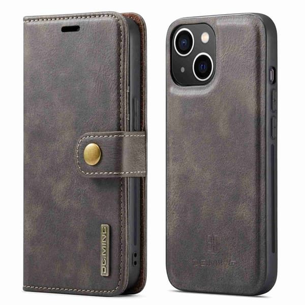 DG.MING iPhone 14 Plånboksfodral Detachable Magnetiskt Äkta läder Grå