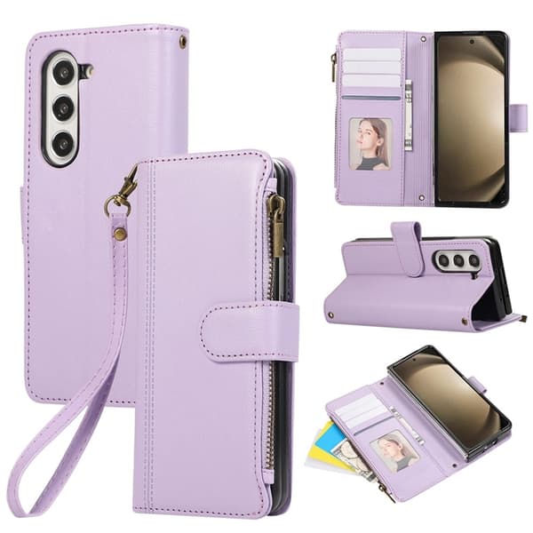 Galaxy Z Fold 7 Plånboksfodral Multi Zipper Läder - Lila Lila