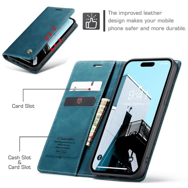 CASEME 013 iPhone 15 Pro Konstläderplånboksfodral Ställ Blå