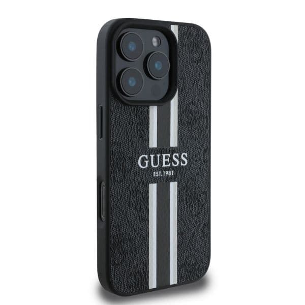 Guess telefontaske til iPhone 16 Pro MagSafe 4G trykte striber - sort Black