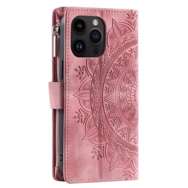 iPhone 15 Pro Max Plånboksfodral Mandala Flower Imprinted - Rosa Guld