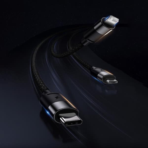 Baseus 3i1 USB-C/Lightning/Micro-USB Kabel 1,2m - Sort Black