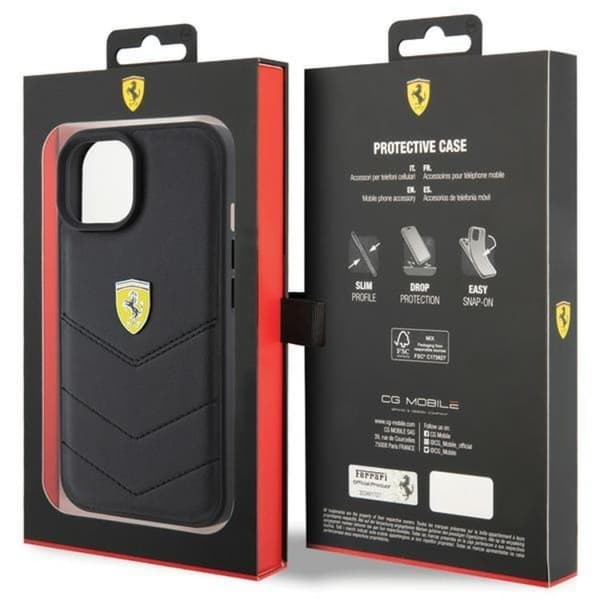 Ferrari iPhone 15 Cover Quilted Metal Logo - Sort Black