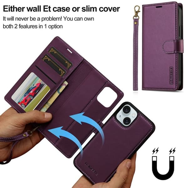 LC.IMEEKE L2 Series iPhone 15 Plånboksfodral Konstläder - Lila