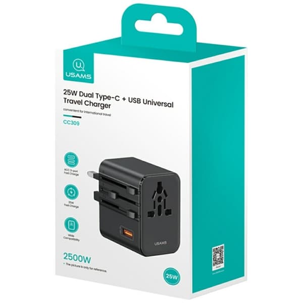 USAMS Rejseopladeradapter CC309 2xUSB-C 25W 4-i-1 US/AU/EU/UK - sort