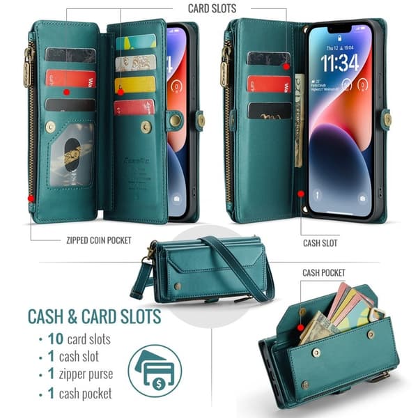 CASEME Plånboksfodral Konstläder för iPhone 14 Plus med kortfack - Grön