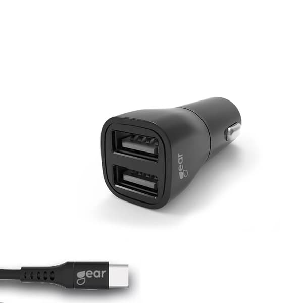 GEAR - Oplader 12-24V 2xUSB 3.4A Sort USB-C 2.0 Kabel 1m Black