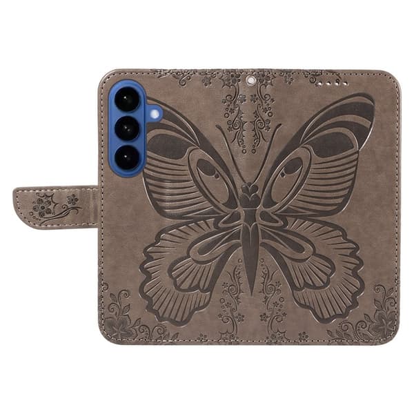Samsung Galaxy S26 Plus Skal Fjärilsdesign PU Läder Flip - Grå