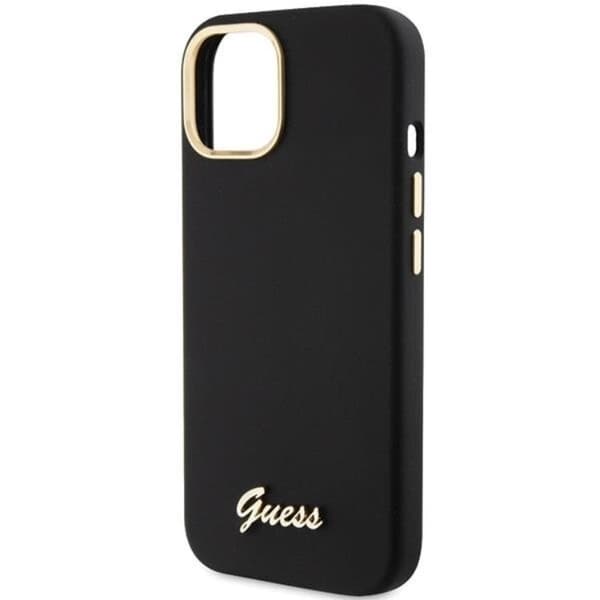 Guess Mobilskal till iPhone 15 Silikon Script Metal Logo Frame Svart