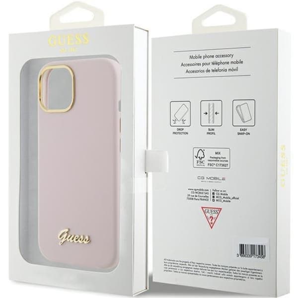 Guess iPhone 15 Pro Max Mobilskal Silikon Script Metal Logo Rosa