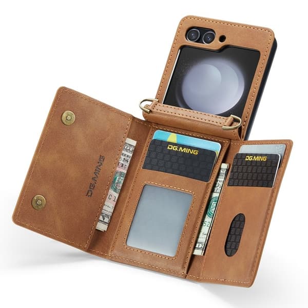 DG.MING Samsung Galaxy Z Flip5 Konstläder Plånboksfodral Kickstand Brun