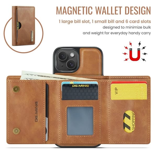 DG.MING M6 Series Mobilskal till iPhone 15 Magnetiskt Plånboksfodral Brun