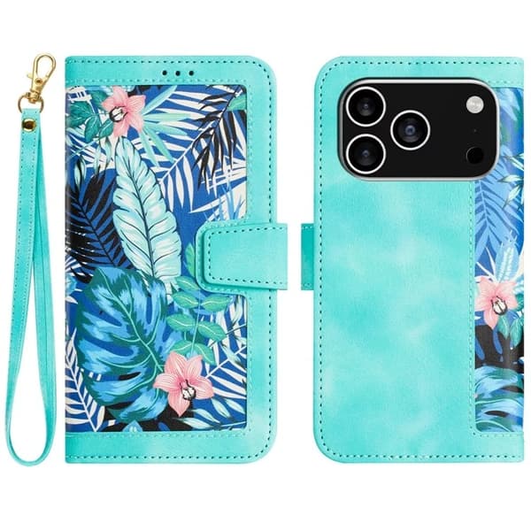 iPhone 17 Pro Plånboksfodral Floral Konstläder - Grön Grön