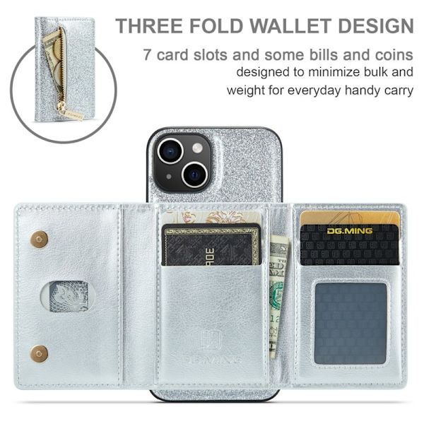 DG.MING M3 Series iPhone 15 Plus Konstläder Plånboksfodral Kickstand Silver