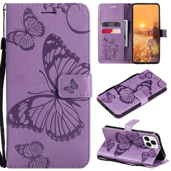 Butterflies lompakkokotelo iPhone 13 Pro Max - violetti