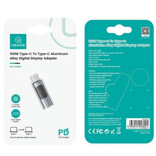 USAMS USB-C till USB-C Adapter 100W med Display - Stål