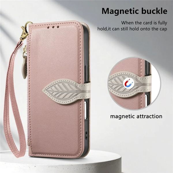 iPhone 17 Pro Plånboksfodral Leaf Magnetiskt Spänne Konstläder Roséguld