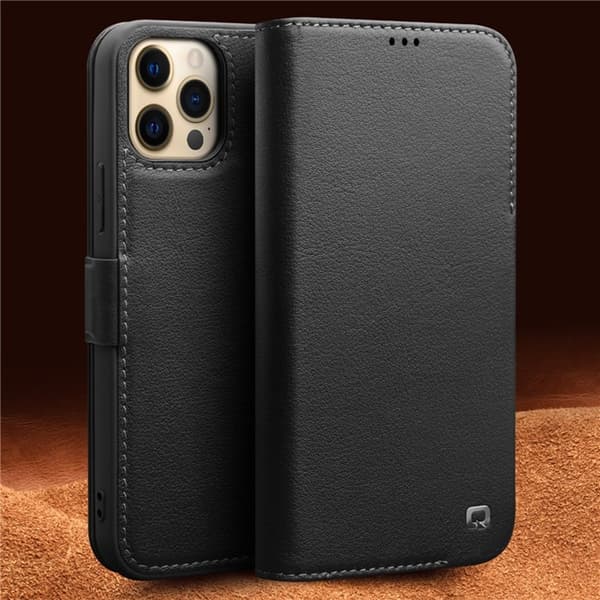 QIALINO iPhone 12 Pro Max Plånboksfodral Äkta Läder Magnetlås Svart