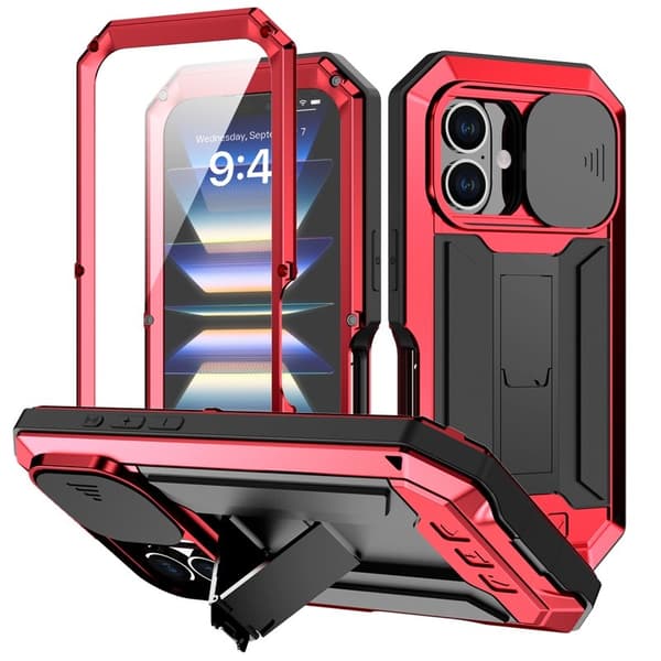 R-JUST Mobilskal till iPhone 16 Kickstand Silicone+Metal+PC Röd