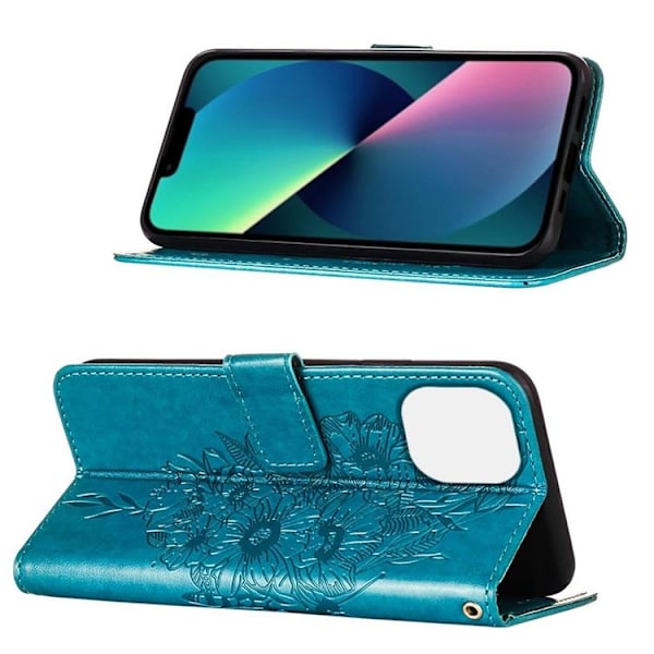 iPhone 14 Pro Max Plånboksfodral Butterfly Flower Imprinted - Blå