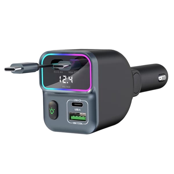 Billaddare med Dual infällbart USB-C Kabel GC15 - Svart Svart