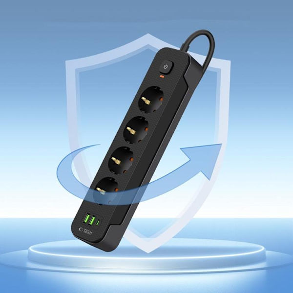 Tech-Protect Power Socket 2x USB/USB-C/4 Sockets 200Ccm - Svart Svart