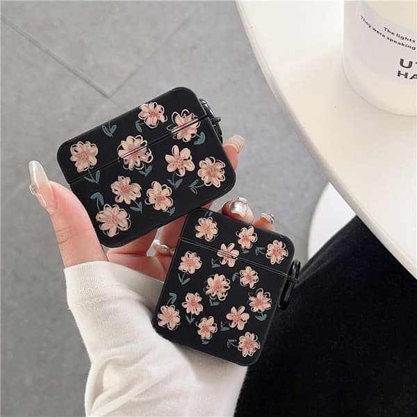 Airpods Pro 2 Etui TPU Læder Floral - Sort/Rosa Black