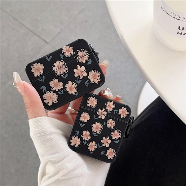 Airpods Pro 2 Skal TPU Läder Floral - Svart/Rosa Svart