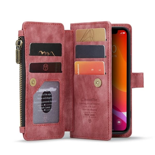 CASEME Konstläder Plånboksfodral för iPhone 12 mini med rem - Röd