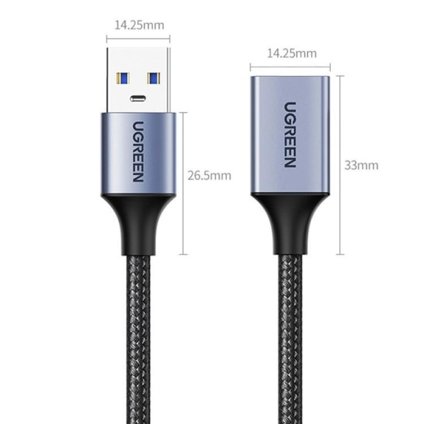 Ugreen USB-A (han) til USB-A (hun) kabel 1m - Grå