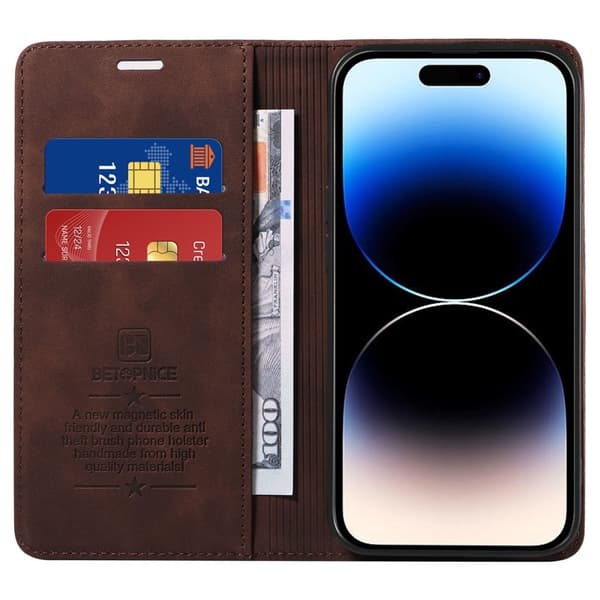 BETOPNICE 003 iPhone 15 Pro Max Plånboksfodral TPU + Konstläder - Brun