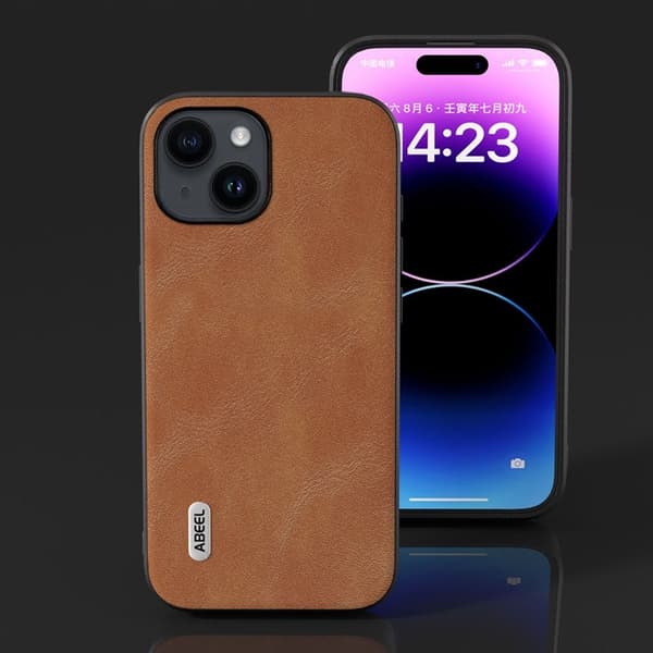 ABEEL Mobilskal till iPhone 15 , Läderlook PU + TPU, Brun