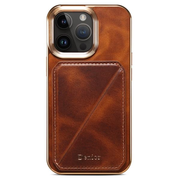 DENIOR Mobilskal till iPhone 12 Pro Max Kortfack Ställ Waxy Äkta Läder Brun