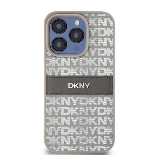 DKNY iPhone 14 Pro Mobilskal Läder Mono Stripe & Metal Logo Beige