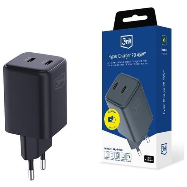 3MK Snabbladdare 45W 2xUSB-C QC4+ PPS 2C Super Fast - Svart Svart