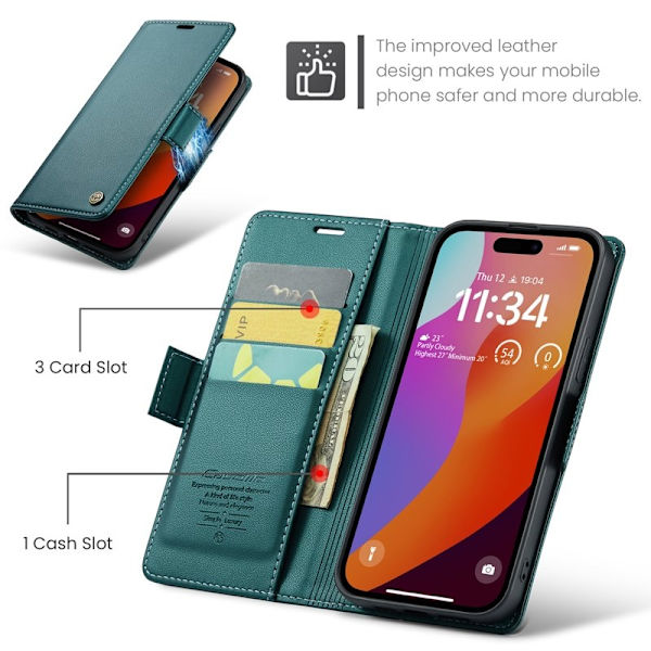 CASEME iPhone 16 Pro Max Plånboksfodral Konstläder RFID-Skydd Grön