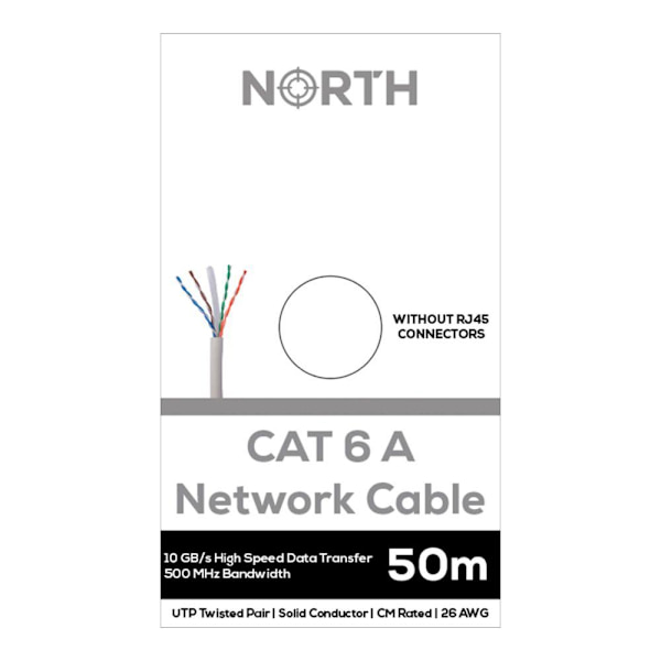 NORTH Nätverkskabel Cat6A UTP Vit 50m kontaktlös Solid 10Gb/s Vit